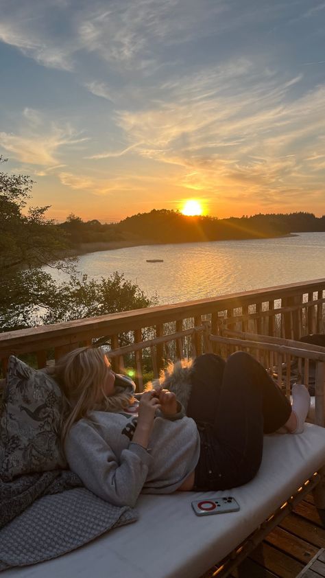 Watching the sunset 🌇- lake view, lake house, summerhouse, golden hour, Scandinavian summer Family At Lake House, House On The Lake Aesthetic, Rich Lake House Aesthetic, Summer House Aesthetic Beach, Lake House Photo Ideas, Lake House Aesthetic Cozy, House By The Lake Aesthetic, Swedish Summer Cottage, Lake House Aesthetic Summer Friends