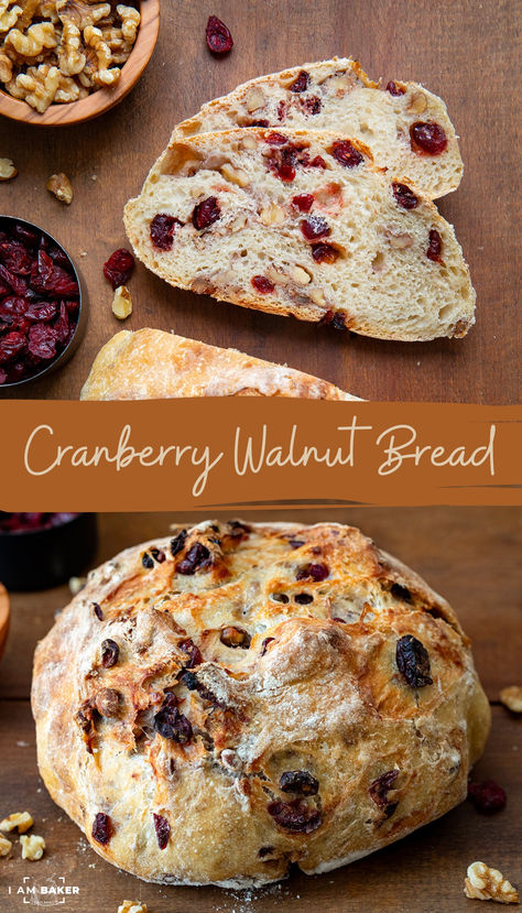 Cranberry Walnut Bread is a hearty, rustic bread with a soft, chewy texture filled with dried cranberries and chopped walnuts for a nutty crunch. And, you will not believe how easy it is to prepare! There is a rise time, but don’t skip that if possible. That is part of what makes this bread so delicious with the best flavor! Cranberry Orange Walnut Bread, Dried Cranberries Recipes, Hearty Bread, Cranberry Nut Bread, Walnut Bread Recipe, Cranberry Walnut Bread, Cranberry Bread Recipes, Homemade Baked Bread, Oven Bread