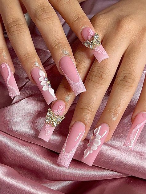 Elevate Your Style with 24PCS Long Square Wearing Nails Adorned with Exquisite Butterflies and Flowers Romantic Pink Sequins French Edge Design Style Fully Covered Fake Nails with Jelly Glue One File Strip Suitable for Women and GirlsI discovered amazing products on SHEIN.com, come check them out! French Press On Nails, Fake Nails Long, Long Press On Nails, Nagel Tips, Nail Type, Butterfly Nail, Nail Length, Nail Art Hacks, False Nail