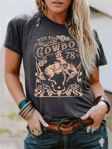 Vintage Cowboy Graphic Print Crew Neck T Shirt Retro Style Short Sleeve T Shirt Casual Every Day Tops Womens Clothing | 90 Days Buyer Protection | Temu Australia Floral, Steer Skull, Wild West, Rodeo, Cowboy, Crew Neck, T Shirt