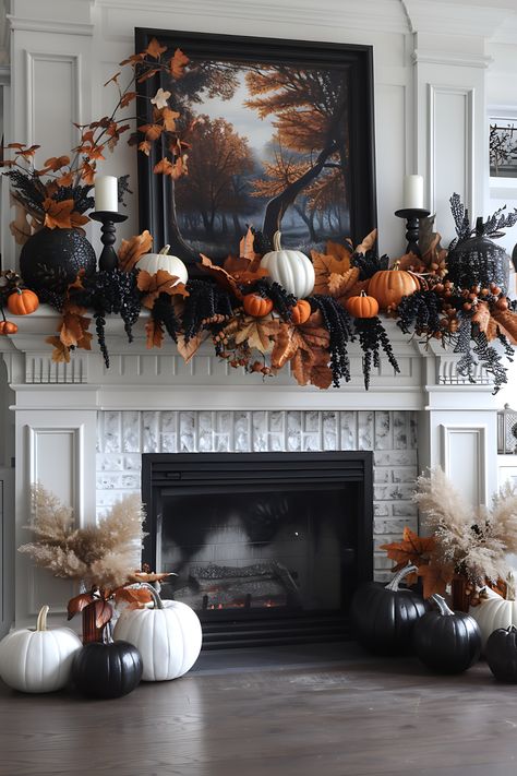 Creative and Cozy Fall Mantel Decorating Ideas - Our Happy Corner Fall Mantel Decorating Ideas, Halloween Mantel Decor, Fireplace Decorations, Mantel Decorating Ideas, Fall Fireplace Decor, Halloween Mantle Decor, Halloween Fireplace, Fall Mantle Decor, Halloween Decor Diy