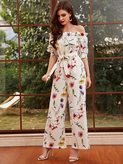 Floral Print Ruffle Trim Belted Bardot Jumpsuit | SHEIN USA Floral Jumpsuit Outfit Summer, Floral Jumpsuit Outfit, Jumpsuit Outfit Casual, Tube Jumpsuit, Draping Fashion, Stylish Jumpsuit, Floral Print Jumpsuit, Stylish Fall Outfits, Designer Jumpsuits