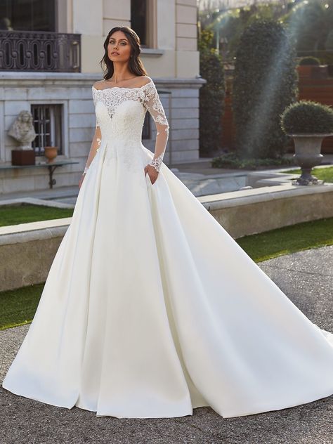 Long-sleeved princess wedding dress in Mikado with wraparound neckline Modest Wedding Dresses, Princess Wedding Dresses, Pronovias Wedding Dress, Pretty Wedding Dresses, Couture Wedding Gowns, Princess Wedding Dress, Couture Wedding, Princess Wedding, Long Wedding Dresses