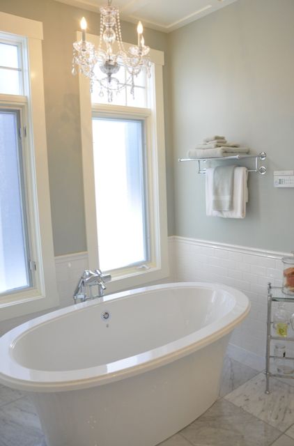 Soaker tub. Pretty & fresh bathroom. Soft, soothing wall color is "Silver Sage" by Restoration Hardware.  Benjamin Moore's "Grey Wisp" is a comparable color. Contempory Bathrooms, Silver Sage Paint, Sage Paint Color, Silver Sage, Soaker Tub, Bathroom Redo, Dream Bathrooms, Bathroom Renos, Bathroom Colors