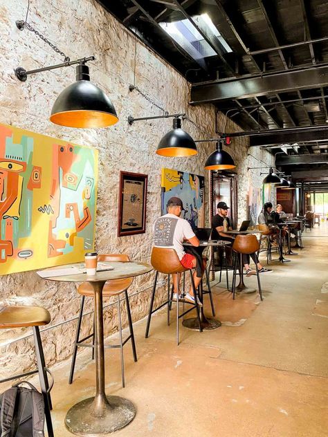 50 Best Austin Coffee Shops You Should Try - So Much Life Bars In Kitchen, Industrial Coffee Shop, Kitchen Coffee Bar, Modern Coffee Shop, Coffee Bar Station, Gallery Cafe, Bar Station, Coffee Roastery, Pretty Coffee