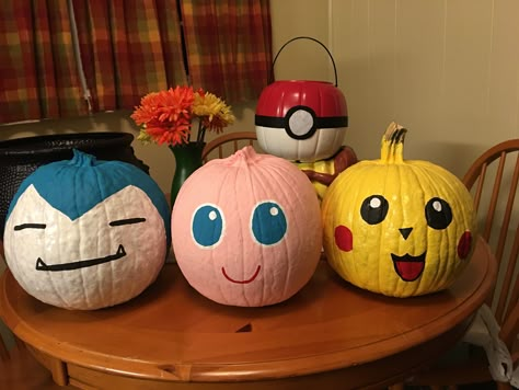 Halloween Pokémon Go Painted Pumpkins. Snorlax, Jigglypuff, Pikachu Trunk or Treat Painting Ideas Pokemon, Pokemon Pumpkin, Creative Pumpkin Painting, Character Pumpkins, Pokemon Painting, Pumpkin Decorating Contest, Pumpkin Books, Pokemon Halloween, Pumpkin Painting Ideas