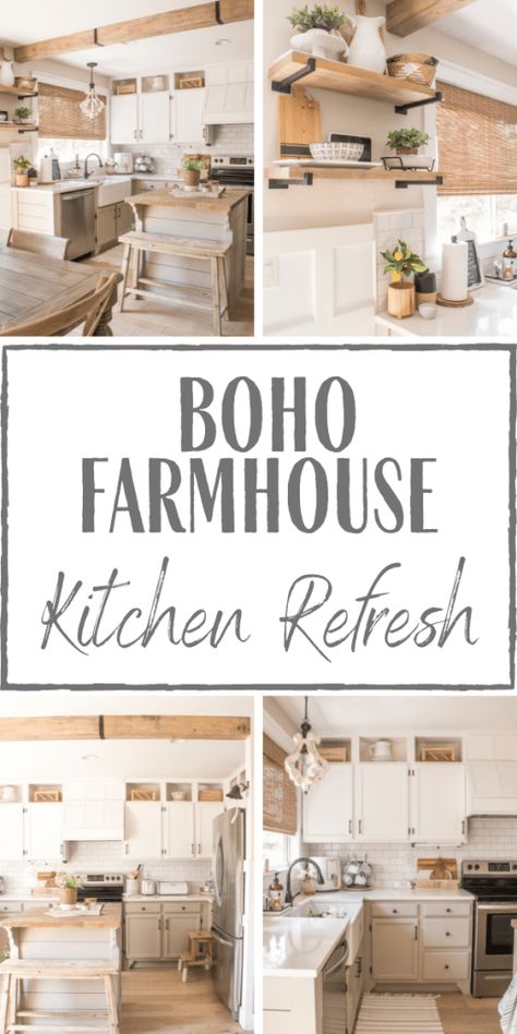 Bohemian Chic Kitchen, Farm Boho Kitchen, Boho Farmhouse Kitchen Cabinets, White Boho Kitchen Ideas, Boho Neutral Kitchen, Boho Chic Kitchen Ideas, Farmhouse Boho Kitchen Decor, Top Of Kitchen Cabinet Decor Boho, Boho Kitchen White Cabinets