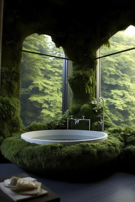 Indoor Outdoor Bathtub, Forest Bathrooms, Mossy Bathroom, Fern Future Home Vibes, Cool Bathtubs, Ethereal Bathroom, Coolest Bathrooms, Cool Bathrooms, Moss Bathroom