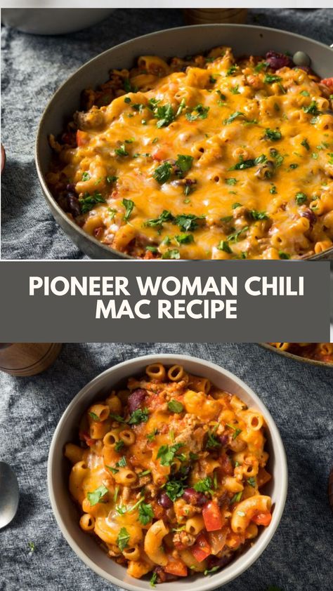 Pioneer Woman Chili Mac recipe includes yellow onion, garlic, olive oil, ground beef, flour, chili powder, smoked paprika, garlic powder, dried oregano, tomato sauce, beef broth, macaroni, and shredded cheddar. It serves 6 and takes about 30-40 minutes to prepare and cook. Chili Mac Recipes Ground Beef, Recipes With Chili Powder, Chilli Mac Casserole, Pioneer Woman Chili Mac, Dutch Oven Chili Mac, Best Chili Mac Recipe, Hormel Chili Recipe Dinners, Pioneer Woman Easy Dinner Recipes, Steak And Shake Chili Mac Recipe