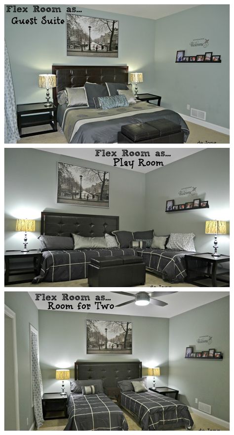 3-in-1 Flex Room: Guest Suite, Play Room, and Room for Two | featured at Remodelaholic.com #flexroom #guestroom #playroom @Remodelaholic .com Queen And Twin Bed In One Room Layout, Basement Guest Space, Game Room Guest Room Combo, Multi Purpose Guest Room, Futon Decor, Extra Bedroom, Office Guest Room, Guest Room Office, Twin Beds