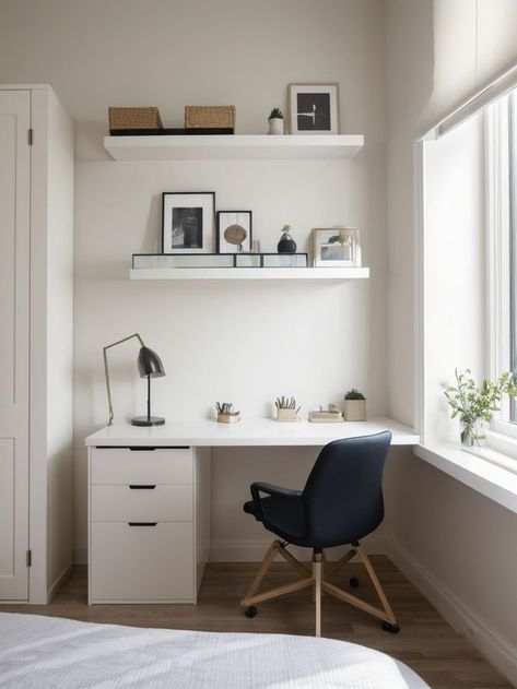 Optimize your bedroom space by placing a sleek, minimalist desk next to your bed. Pair it with a comfortable chair and add floating shelves above for extra storage and style. Desk Arrangement Ideas, Shelves Above Desk, Desk Arrangement, Desk Arrangements, Minimalist Desk, Arrangement Ideas, Bedroom Space, Desk Shelves, Office Room