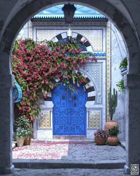 Tunisia Architecture, Tunisia Aesthetic, Tunisian Architecture, Moroccan Street, Tunisian Aesthetic, Landscape Tattoo, Courtyard Design, Mediterranean Style Homes, House Design Pictures