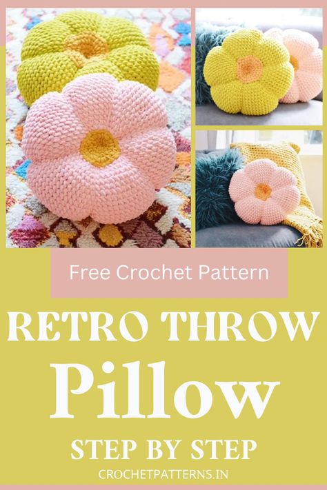 Crochet Retro Throw Pillow Crochet Pillows Free Patterns Flower, Flower Crochet Pillow Pattern, Free Crochet Cushion Patterns, Crochet Floor Cushion Free Pattern, Crochet Couch Pillows, Crochet Neck Pillow Free Pattern, Crochet Mushroom Pillow Free Pattern, Crochet Flower Pillow Pattern Free, Crochet Chunky Pillow