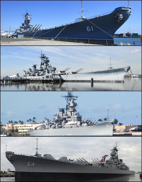 US Navy Iowa Class battleships as the appear today (museum ships): USS Iowa, USS New Jersey, USS Missouri and USS Wisonsin World Of Warships Wallpaper, Uss Wisconsin, Uss New Jersey, Navy Coast Guard, Us Battleships, Uss Iowa, Model Warships, Uss Missouri, Go Navy