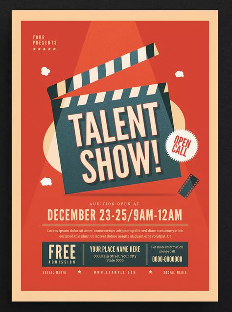 Talent Show Event Flyer Template AI, PSD. Download Got Talent Poster Design, Now Showing Poster, Typography Flyer Design, Poster Design For Event, Event Posters Graphic Design, Talent Show Poster Ideas, Got Talent Poster, Acting Poster, Talent Show Poster