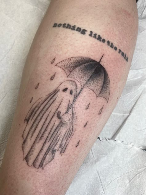 Matching Umbrella Tattoo, Ghost Doing Things Tattoo, Ghost With Umbrella Tattoo, Umbrella And Rain Tattoo, Umbrella With Rain Tattoo, Ghost In A Bottle Tattoo, Rain Umbrella Tattoo, Foggy Tattoo, Pluviophile Tattoo