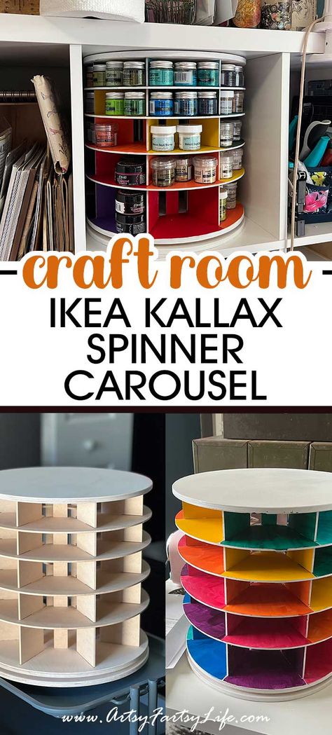 Wicked Cool Ikea Kallex Carousel Spinner Cube Storage Craft Organization, Craft Cube Storage Ideas, Craft Machine Storage, Small Craft Storage Ideas, Crafting Corner Ideas Small Spaces, Craft Room Storage Shelves, Ikea Kallax Painted, Ikea Craft Room Storage Ideas, Craft Supply Organization Small Spaces