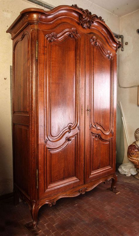 A Fine French Louis XV period, carved,  solid walnut , Bordelais Armoire that opens with two beautifully paneled doors. Narnia Armoire, Vintage Wardrobe Closet, Armoire Makeover, Vintage Armoire, Paneled Doors, Wardrobe Vintage, Antique Wardrobe, French Wardrobe, French Armoire