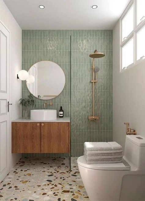 Drømme Bad, Bathroom Colour, Green Tile Bathroom, Small Bathroom Interior, Restroom Decor, Bathroom Redesign, Downstairs Bathroom, Bathroom Inspiration Decor, Basement Bathroom