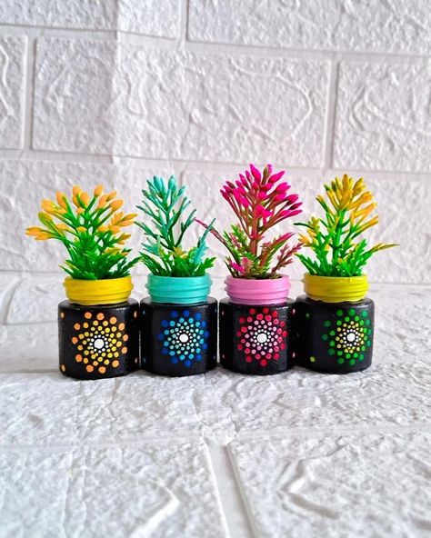 Swipe 👈 Fevicryl Acrylic Colour Bottles Turned into Cute Mandala Planters😍 . . Show thoda LOVE and thoda SUPPORT @kraftykinni 😍 . . Dm for Order 😉😉 . . #acryliccolourbottle #hobbyideasindia #keepcreating #bottleartlover #easydiy #bottleartlovers #bottle_art_lovers #bottlepainting #mandalaart #bestoutofwaste #reuse #mygovindia #fevicrylcolors [Fevicryl, Acrylic colours, Mandala art, Dot mandala art, Bottle art, Easy diy, DIY, Planter, Reuse, Recycling, Best out of waste] Acrylic Paint Bottles Diy Ideas, Dot Painting On Bottles, Mandala Art Bottle, Bottle Art Ideas Paint, Mandala Art On Bottle, Bottle Art Easy, Mandala Art Dot, Cute Mandala, Acrylic Paint Bottles