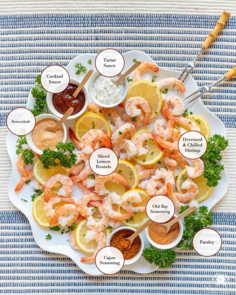 Shrimp Charcuterie Board (+ 12 Unique Charcuterie Themes!) - Kelley Nan Shrimp Platter Ideas Appetizers, Shrimp Board Ideas, Seafood For Party, Seafood Board Ideas, Themed Grazing Boards, Charcuterie Board Seafood, Shrimp Tray Ideas, Shrimp Party Food, Shrimp Charcuterie Board Ideas