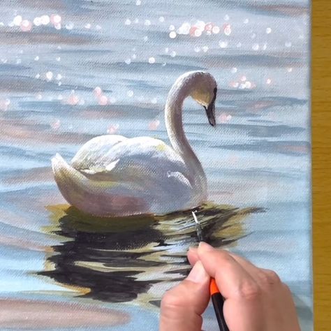 Joony Art Paintings, Swan Painting Acrylic, Swan Paintings, Lake Acrylic Painting, Joony Art, Swan Artwork, Arts Video, Swan Drawing, Rococo Painting