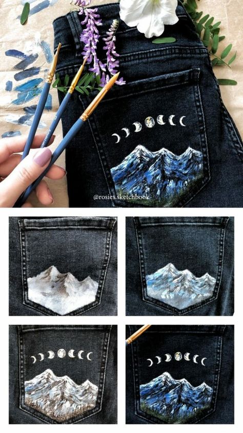 Pocket Painting Ideas, Pocket Painting, Wedding Kids Outfit, Pocket Art, Mountains Painting, Painted Clothes Diy, Mini Tutorial, Mountain Painting, Denim Art