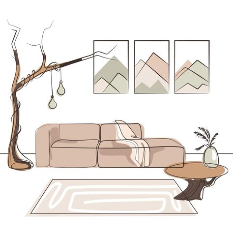 Interior Design Of Living Room, Nature Interior Design, Interior Organic, Living Room Vector, Living Room With Sofa, Room With Sofa, Modern Minimalist Interior Design, Sofa Drawing, Scandi Interior