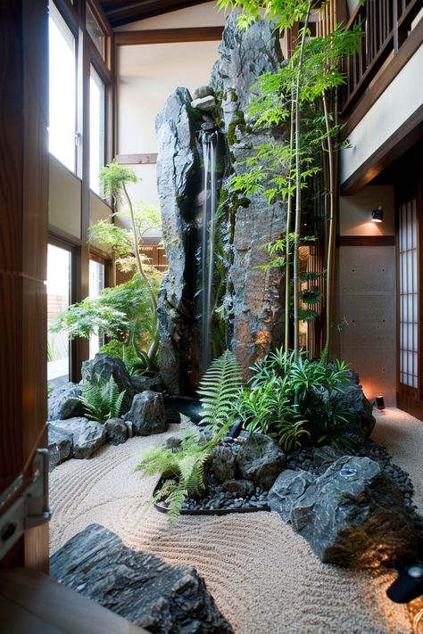 Indoor River, Japanese Indoor Plants, Japanese Home Architecture, Greenhouse Wall, Forest Spa, Indoor Zen Garden, Atrium Garden, Japanese Garden Plants, Living Wall Indoor