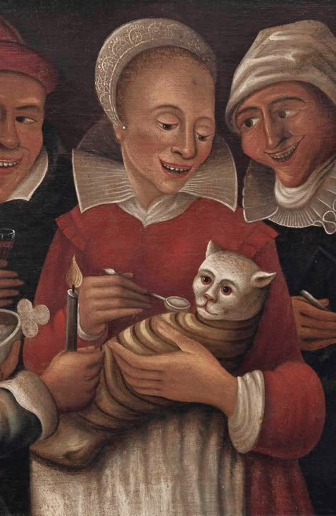 Good News, We Found a Bunch of Old Paintings Where People Are Spoon Feeding Cats Like Babies Weird Paintings, Medieval Cat, Medieval Baby, Ugly Cats, Medieval Cats, Weird Looking Animals, Medieval Painting, Spoon Feeding, Paintings Of Cats