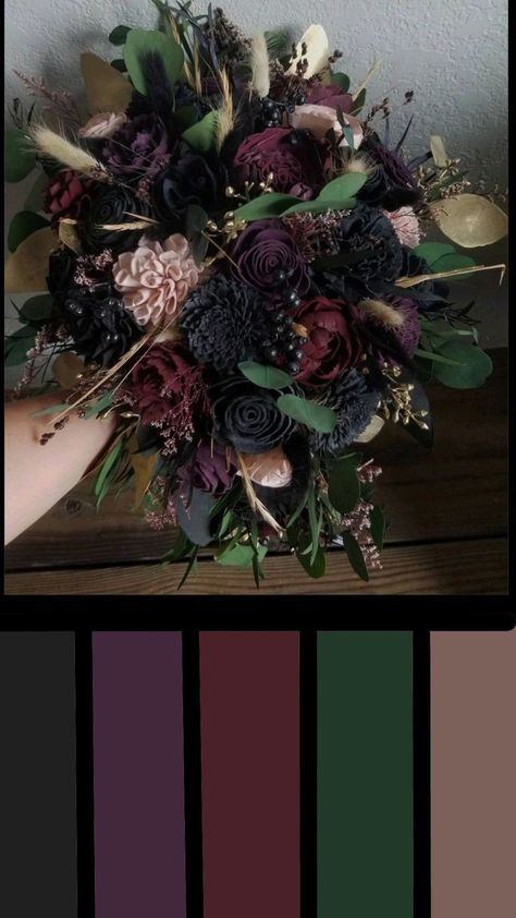 Gothic Aesthetic Color Palette, Dark Wedding Colour Palettes, Plum And Hunter Green Wedding, Wedding Dark Purple Color Schemes, Dark And Moody Color Scheme, Moody Purple Fall Wedding, Navy Blue And Plum Wedding Color Schemes, Eggplant Complimentary Colors, Black And Plum Color Palette