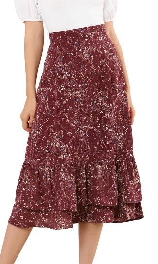 Brunch Picnic, Skirt Chiffon, Red Outfits, Blossom Print, Printed Skirt, Floral Print Skirt, Midi Skirts, Flowy Skirt, Brown Floral