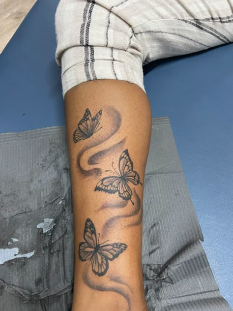 Butterflys Up Leg Tattoo, Women Side Leg Tattoo, Butterflies On Leg Tattoos, Butterflies Going Up Leg Tattoo, Tattoo Ideas Female Calf For Women, Leg Tattoos Women Butterflies, Medium Leg Tattoos Women, Small Shin Tattoos For Women, Butterfly On Leg Tattoo