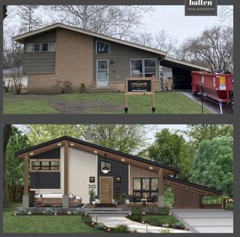 Beige House Black Trim, 70s House Exterior, Modern Exterior House Colors, Porch Decking, House Exterior Before And After, Cozy Seating Area, House Makeovers, Exterior House Remodel, Mid Century Ranch