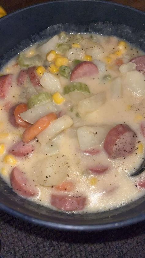 Kitchen Recipes - Kielbasa potato soup 1 pound smoked kielbasa, sliced 8 average potatoes, peeled and cubed 2 cups frozen corn 2 cups chicken broth 2 sticks celery sliced Must express something to keep getting my recipes...Thank you ❤ Recipe: https://recipecs.com/kielbasa-potato-soup/ | Facebook Kielbasa Potato Soup, Kielbasa Potatoes, Smoked Kielbasa, Potato Soup Recipes, Carrots Chicken, Kielbasa Soup, How To Cook Kielbasa, Kielbasa And Potatoes, Sausage Potato Soup