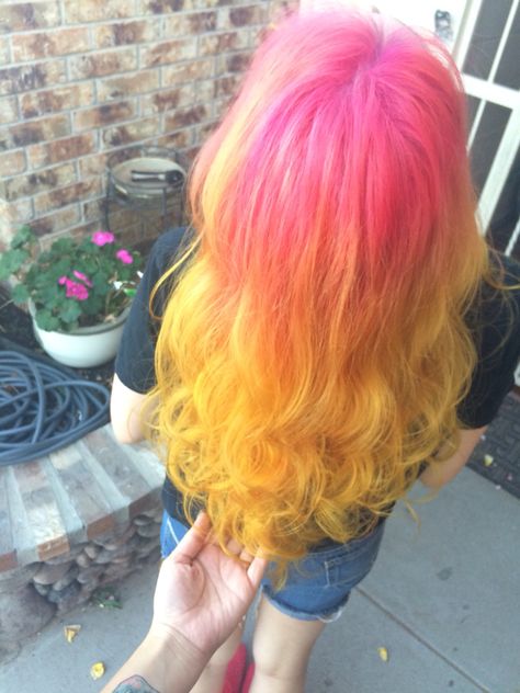 Pink and yellow hair!  #colormelt #yellowhair #pinkhair Pink Hair With Yellow Highlights, Pink To Yellow Hair, Pink Yellow Hair, Pink And Yellow Hair, Yellow Hair Dye, Lavender Hair Ombre, Vibrant Hair Color Ideas, Pink And Orange Hair, Vibrant Hair Color