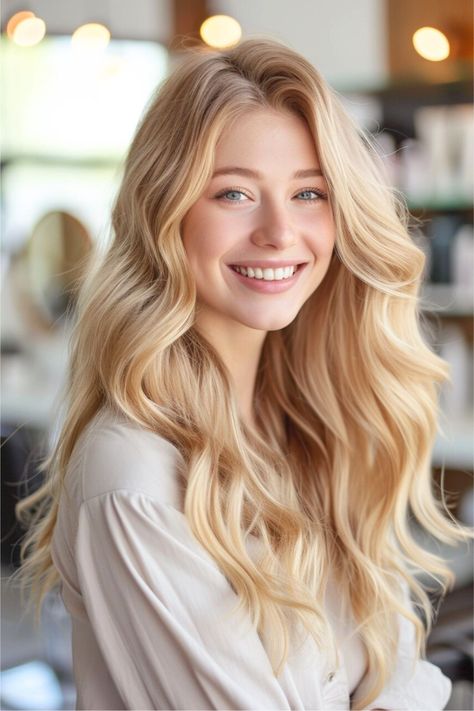 This beautiful shade is a light golden blonde that cascades with the soft radiance of early morning sunlight. The voluminous waves add a sunkissed, ethereal glow to this gorgeous hair color. Click here to see more blond hair color ideas. Warm Blonde Hair, Neutral Blonde, White Blonde Hair, Beautiful Blonde Hair, Vibrant Hair, Blonde Hair Color Ideas, Light Blonde Hair, Warm Blonde, Gorgeous Hair Color