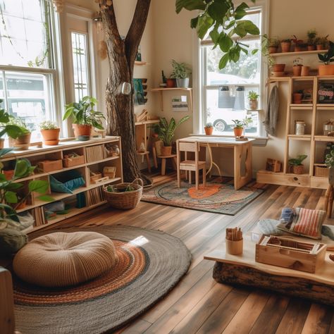 Set up your classroom with natural wood furniture to make a calming environment for children. Rearrange these shelves and panels to fit your space. Childcare Rooms Layout, Boho School Room, Calming Preschool Classroom Decor, Classroom Nature Decor, Natural Preschool Classroom, Waldorf Preschool Classroom, Microschool Classroom, Small Preschool Classroom, Montessori Classroom Set Up