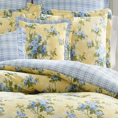 Laura Ashley Blue and Yellow Cassidy Collection | my design42 Elegant Bedspreads, Country Comforter, Yellow Comforter Set, Yellow Comforter, Yellow Duvet, Laura Ashley Bedding, Duvet Covers Yellow, Cotton Comforter Set, Laura Ashley Home