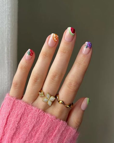 Natural Nails Spring, Nail Inspo Natural Nails, Fruit Nail Designs, Fruit Nails, Fruit Nail Art, Watermelon Nails, Square Nail Designs, Round Nails, Floral Nails