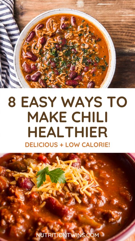 Are you looking for a delicious and easy healthy chile recipe? Whether you're making chili in your crockpot, instant pot, or on the stove, these healthy chili tips will help you to make your chili healthy with ease! This efforless weeknight dinner recipe is satisfying and staves off hunger. Learn about the 8 easy ways to make chili healthier on the blog! Chili Recipe Low Calorie, Healthier Chili Recipes, Low Calorie Chili Crockpot, Low Cholesterol Chili, Chili Low Calorie, Low Cal Chili, Low Calorie Chili Recipe, Low Calorie Chili, Healthy Chili Crockpot