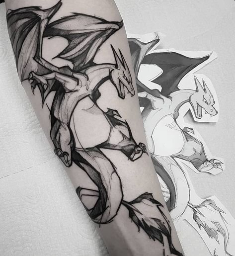 Follow @gamer.ink for more 😎 . 🔥 CHARIZARD 🔥 by @marquinhoandretattoo . If you want to see more , check artist page !!🤗 To submit your work… Black And Grey Pokemon Tattoo, Creepy Pokemon Tattoo, Charizard Tattoo Design, Charizard Sketch, Mega Charizard X Pokemon, Rayquaza Tattoo, Gyarados Tattoo, Charizard Drawing, Charmander Tattoo