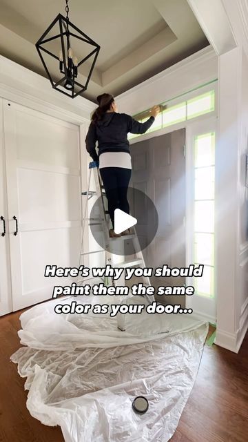 AnnMarie Christiano & Anne Zirkle | Simply2Moms on Instagram: "Want to give your front door a moment?

Choose a darker paint color for the door, and then do this 👇🏼

Paint the trim the same color as the door.

It automagically makes your door look larger! If you have side lights and/or a transom, paint them too. 😎

Another tip? Choose a paint meant for cabinetry to improve how the finish holds up to wear and tear. I used @benjaminmoore Advanced paint in a satin finish.

I’m loving that the handle set from @delaneyhardwareofficial becomes more of a feature too!

Comment LINK and I’ll send you the paint color plus the link for the rug. 🙌🏼

Would you paint the inside of your front door a darker color? -Anne #simply2moms 

#weekenddiy #homeimprovement #benjaminmoore #texasleather #frontdo Painting Inside Of Front Door, Inside Front Door Colors, Painted Front Door Interior, Interior Front Door Color Entryway, Paint Inside Of Front Door, Interior Front Door Color, Interior Door Paint, How To Paint Front Door, Foyer Paint Color Ideas