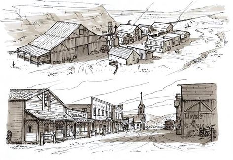 Town Drawing, Old Western Towns, Old West Town, West Town, Western Town, Western Comics, Western Artist, Ark Survival Evolved, West Art