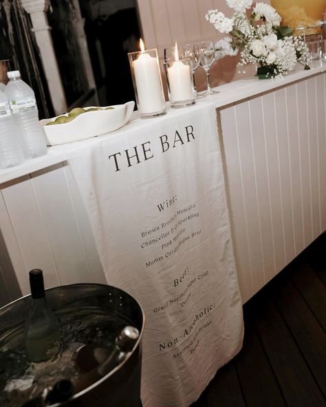 Fabric Bar Sign 🥂 Perfectly draped - makes a beautiful statement piece to match your welcome sign and seating chart. ✨ Send us your design or inspiration and we can personalise it to make it your own. Welcome Wedding Sign Fabric, Self Serve Bar Sign, Linen Bar Sign Wedding, Espresso Bar Wedding, Fabric Bar Sign, Bridal Sweet Room Ideas, Linen Bar Sign, Modern Seating Chart Wedding, Fabric Wedding Sign