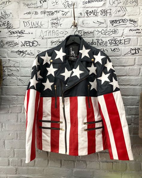 LIMITED DROP FOR 4th OF JULY‼️ American Flag biker jacket‼️✅ 🇺🇸🇺🇸 DM for prices‼️ #daruccileather #4thofjuly #america #usa #july #fashion… American Flag Jacket, Anniversary Outfits, Dope Jackets, Affliction Clothing, Anniversary Outfit, July Fashion, North Beach, Easy Rider, 50th Anniversary