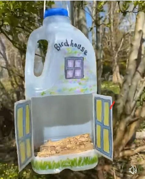 Milk cart upcycling birdhouse Birdhouse From Milk Carton, Diy Bird Feeder Milk Carton, Birdfeeder Diy Plastic Bottle, Recycled Bottle Bird Feeder, Milk Carton Birdhouse, Bird Feeder With Plastic Bottle, Milk Bottle Bird Feeder, Diy Milk Jug Bird Feeder, Home Made Bird Feeders Diy