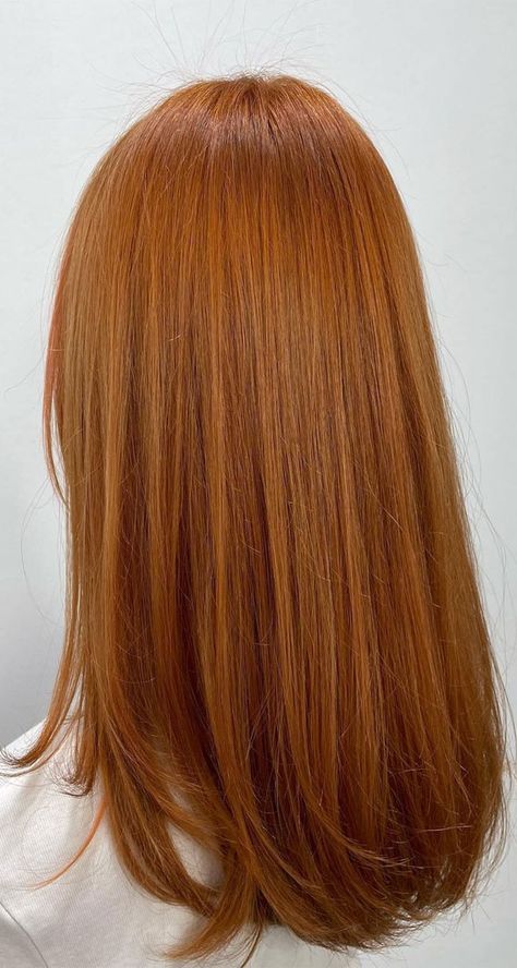 Copper Shimmer Hair Color, Balayage, Level 8 Copper Hair, Titian Hair Colour, Faded Copper Hair, Medium Orange Copper Hair, Cool Tone Copper Hair, Medium Length Copper Hair, Golden Orange Hair