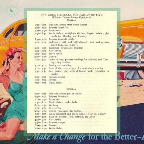 Emily | Vintage Housewife | 100-year-old Housewife Routine! This is a 100-year-old schedule for a Housewife for a Family of 5, no servants, no labor-saving devices.… | Instagram 1950s Housewife Daily Routine, 1950s Housewife Routine, Housewife Routine, 1950 Housewife, Week Of Lunches, Housewife Tips, The Good Wife's Guide, Housewife Life, Luncheon Menu