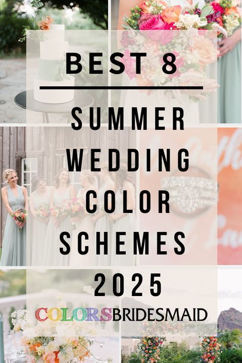 Best 8 Summer Wedding Color Schemes for 2025 - ColorsBridesmaid Bridesmaid Dresses Color Palette Summer, Bridal Colors Palette, May Bridesmaid Dresses Color Schemes, Fall Wedding Different Color Bridesmaid Dresses, Colors For June Wedding, Wedding Colors For June Weddings, Country Summer Wedding Colors, Bridal Colour Combination, Muted Bridesmaid Dresses Colour Palettes